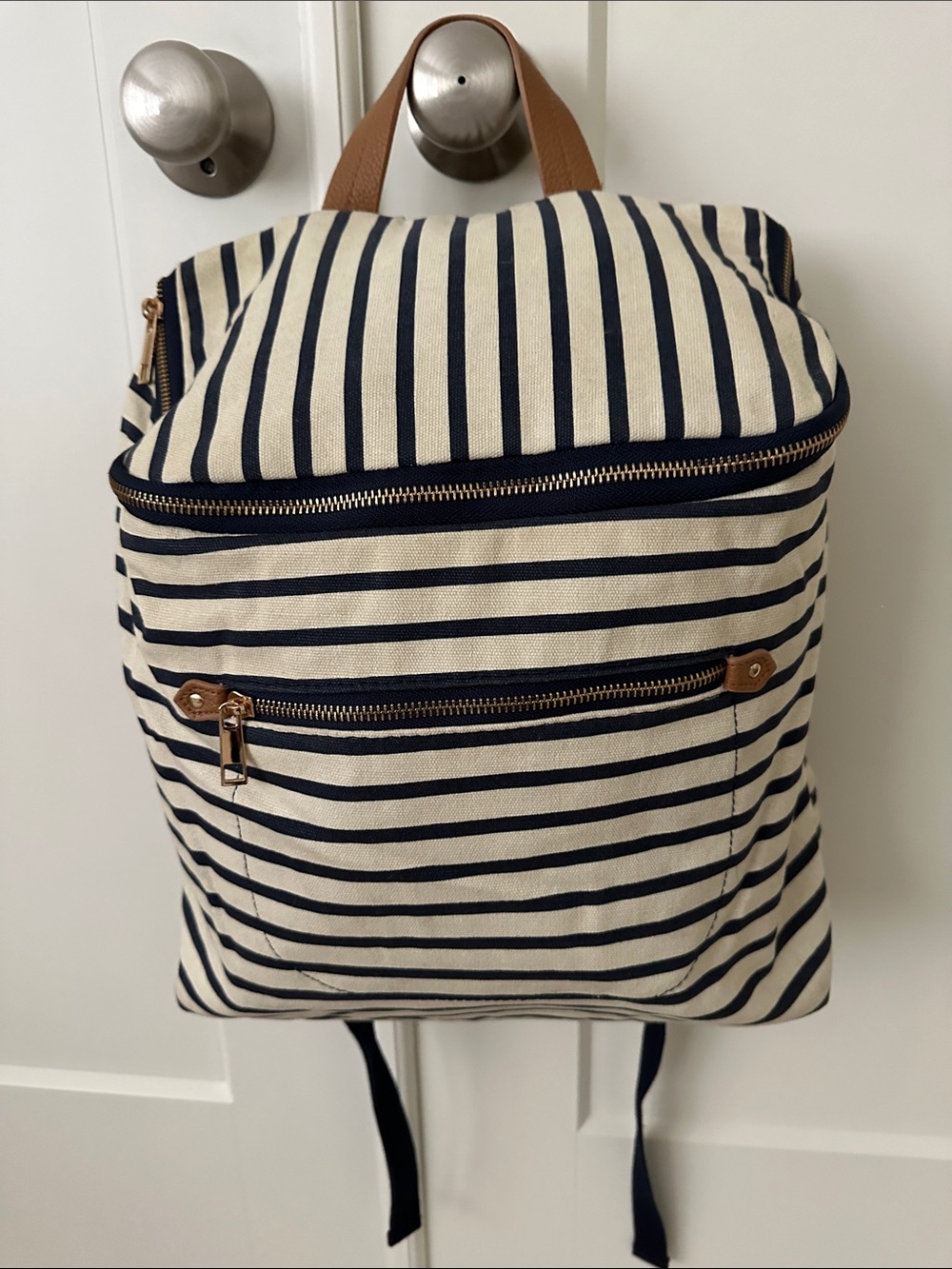 a new day Navy Stripe Cream Canvas Backpack with Tan Accents